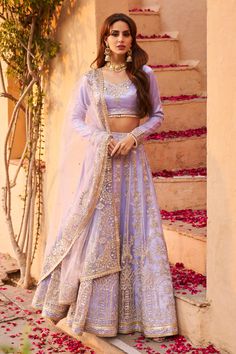 Shop for these amazing collections of Purple Net Embroidery Zari Leaf Neck Periwinkle Lehenga Set For Women by LASHKARAA online at Aza Fashions. Full Hand Lehenga, Lavender Lehenga, Dupatta Embroidery, Filipino Wedding, Net Embroidery, Desi Vibes, Trendy Outfits Indian, Half Saree Lehenga