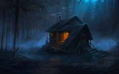 a small cabin in the middle of a forest with fog and light coming from its windows