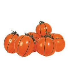 five orange tomatoes with green stems on them