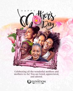 the happy mother's day card features three women smiling and holding flowers in front of them