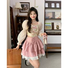 Kawaii Blouse S Bust 82cm Shoulder 33cm length 37cmWaist 64cm Sleeve 56cm M Bust 86cm Shoulder 34cm length 37cmWaist 68cm Sleeve 56cm L Bust 90cm Shoulder 35cm length 37cmWaist 72cm Sleeve 56cm Korean Skirt S Waist 64cm length 46cmHips 92cm M Waist 68cm length 47cmHips 96cm L Waist 72cm length 48cmHips 100c Maternity Sweater Dress, Korean Skirt, Vintage Boho Dress, Pink Kawaii, Bandage Skirt, Eve Dresses, Full Dress, Lace Decor, Party Skirt