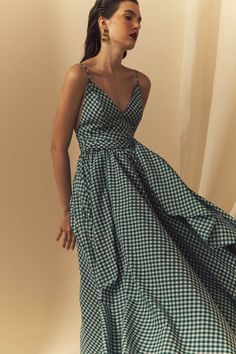 Agnes Dress in Apple Green Gingham– Vania Romoff Online Gingham Plaid V-neck Dress For Picnic, Vania Romoff, Playful Sleeveless Gingham Dress, Spring Gingham Plaid Dress With V-neck, Chic Gingham Plaid Dress With V-neck, 23rd Anniversary, Summer Gingham V-neck Dress, Italian Dress, Tea Length