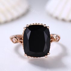 Vintage black spinel statement ring for women, cushion cut black gemstone ring, best friend ring gift, anniversary ring. Main Ring Metal Type: Rose Gold ( Yellow/White Gold, Platinum, Silver Only, Rose/White/Yellow Gold Plated is available ) Center Stone:12x10mm cushion cut black spinel Side Stone: 0.03ct Round cut SI-H Natural Diamond Prongs pave set ★Size: US3-10 (If your ring size is lower than 3 or larger than 10,please contact me firstly. I will custom make this ring size for you.) ★Craft Period: All our items are handmade, pls allow me 2-3weeks to finish. Rush finish and rush delivery service are also available if you pay extra fee. When you need it, pls email me directly. Rush finishing listing: www.etsy.com/listing/465555469/extra-cost-for-rush-order?ref=shop_home_active_1 ★Custom Elegant Black Spinel Ring For Formal Occasions, Elegant Black Diamond Ring For Evening, Elegant Black Rings For Evening, Elegant Black Spinel Diamond Ring, Elegant Black Gemstone Ring, Elegant Black Promise Ring, Elegant Black Spinel Diamond Ring As Gift, Elegant Black Spinel Diamond Ring For Anniversary, Elegant Black Spinel Promise Ring