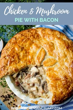 chicken and mushroom pie with bacon on top