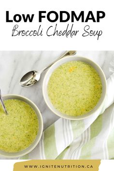 two bowls of broccoli cheddar soup with spoons on the side