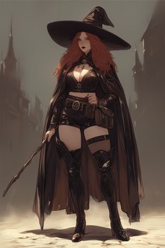 a woman dressed up as a witch standing in front of a castle