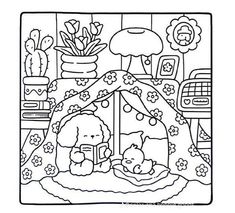 a coloring page with an image of two bears in a tent and flowers on the ground