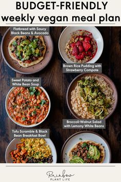 the ultimate meal plan for a vegan meal is shown on a wooden table with text overlay