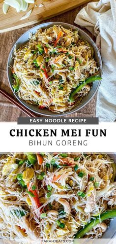 Top photo is of chicken mei fun noodles (bihun goreng) served on a grey plate. Next to the plate is a wooden cutting board with sliced onions on top, and a pair of wooden chopsticks. The bottom photo is a closeup of the chicken mei fun noodles. Chicken Mei Fun, Mei Fun Noodles, Pasta Easy Recipes, Healthy Ramen Recipes, Mei Fun, Easy Asian Noodle Recipes, Simple Stir Fry, Easy Asian Noodles, Noodles Healthy