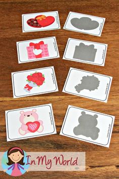 four matching cards with the words in my world on them, and two pictures of teddy bears