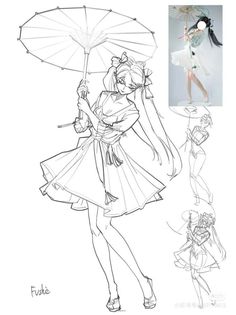 a drawing of a girl with an umbrella in her hand and some other drawings behind it