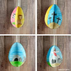 four different pictures of easter eggs painted with children's artwork