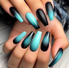 Nails For Mexicans, Nail Set Inspiration, Blue And Black Nail Ideas, Black And Teal Nails, Nail Inspiration Coffin, Nail Designs Bling, Fancy Nail Art, Teal Nails, August Nails