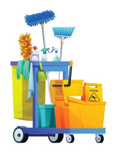 a cleaning cart filled with buckets, mop and brooms on top of each other