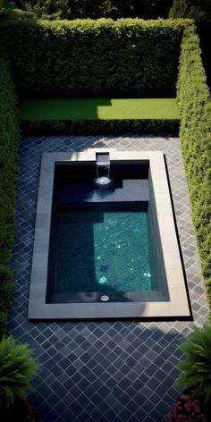 an outdoor swimming pool surrounded by hedges and plants in the middle of a garden area