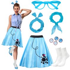 PRICES MAY VARY. 50s Costume Accessories: You will receive 1 vintage 50s skirt, 1 cat eye glasses, 1 sheer chiffon scarf, 1 pair round dangle earrings, 1 pair stud earrings, 1 pair ruffle frilly socks, a whole 50s costumes set satisfies your dressing needs Puffy 1950s Skirt: Classic 50s skirt is made of polyester fabric and elastic waistband, comfy and stretchy to wear, available in polka dot design and poodle skirt design, 5 sizes from S to XXL, suitable for most women and girls Retro 1950s Acc 50s Costumes, 1950s Poodle Skirt, 1950s Accessories, Polka Dots Skirt, 50s Costume, Skirt Accessories, 50s Skirt, 1950s Skirt, 50s Women