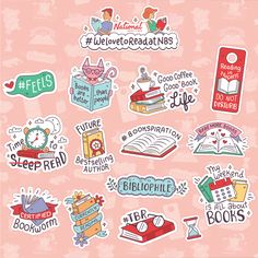 various stickers on a pink background with words and symbols in english, french, and japanese