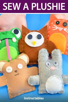 several stuffed animals sitting on top of each other with text overlay reading sew a plushe