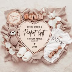 a heart shaped gift box with baby items on it and the words every good and perfect gift is from above