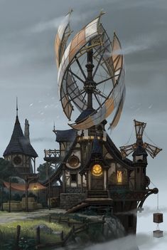 an artistic painting of a house with a giant clock on it