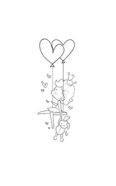 a black and white drawing of two heart shaped balloons floating in the air with hearts attached to them