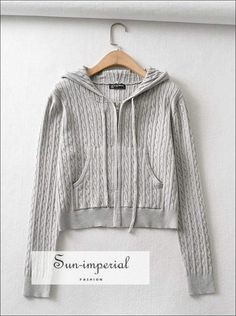 Women Grey Zipped Cropped Hoodie Knit Cardigan with front and side Pockets Affordable Gray Cardigan With Pockets, Luxury Gray Hooded Jacket With Drawstring, Affordable Gray Hooded Top With Drawstring, Gray Cardigan With Pockets, Imperial Fashion, Cardigan With Hood, Gray Cardigan, Zip Cardigan, Hooded Cardigan