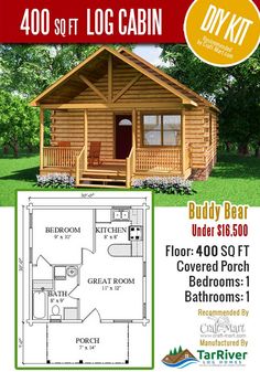 a log cabin is shown with the floor plan and measurements for each room in it