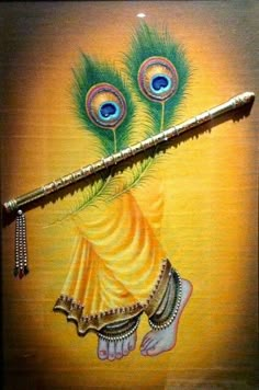 an artistic painting with peacock feathers on it's head and a flute in the foreground