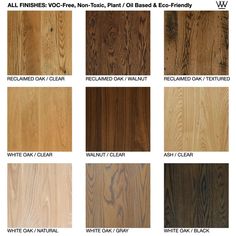 wood flooring samples showing all different colors and finishes, including white oak, red oak, black walnut, pine, cherry