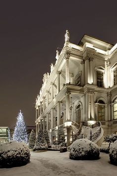 a large white building with snow on the ground and christmas trees in front of it