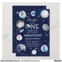 an image of a birthday card with planets and stars in the sky, on a blue background