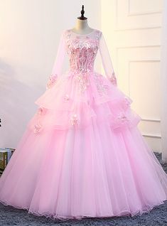 Pink Ball Gown Tulle Appliques Long Sleeve Quinceanera Dresses Sleeve Quinceanera Dresses, Dream Quinceanera, Cosplay Dresses, Dress With Sleeve, Quinceanera Dresses Pink, Pink Ball Gown, Lehnga Dress, Pink Tulle