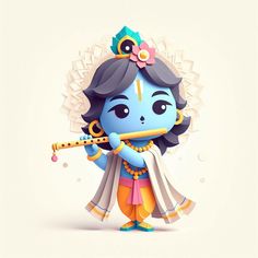 a cartoon character holding a flute and wearing a blue outfit with flowers on it's head