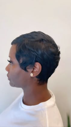 Up Do Hair Styles For Work, Short Pixie Black Hairstyles, Short Hair Relaxer Black Women, Jet Black Pixie Haircut Black Women, Pixie Cut Outfits Black Women, Brunette With Layers, Pixie Haircut Outfit, Relaxed Short Hairstyles For Black Women, Relaxed Pixie Cut