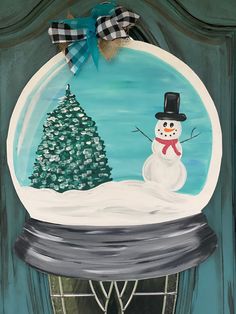 a painting of a snowman in front of a christmas tree with a blue background