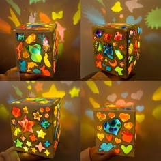 four different images of a glowing cube with hearts and stars on it