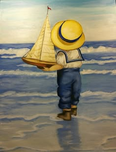 a painting of a boy with a sailboat in his hand, on the beach