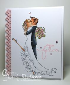 a wedding card with a bride and groom hugging each other on top of a cloud