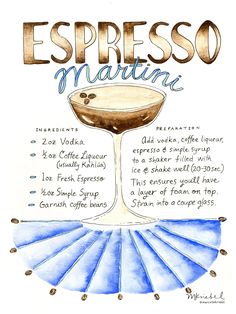 Espresso Martini Cocktail Recipe Watercolor Art Print - Marcella Kriebel Art + Illustration Recipe Watercolor, Expresso Martini, Espresso Martini Cocktail, Espresso Martini Recipe, Recipe Art, Illustrated Recipe, Classic Cocktail Recipes, Martini Recipes