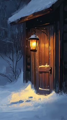 a painting of a door in the snow with a lantern on it's side