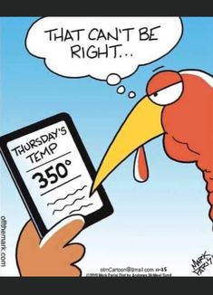 a cartoon turkey holding a tablet with the words that can't be right on it