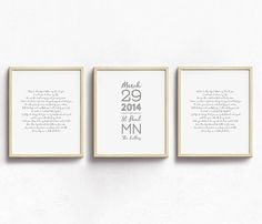 three framed prints with the names of each couple's wedding vows and their date