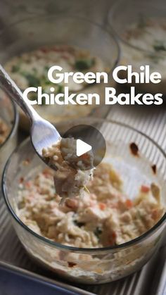 green chile chicken bakes in glass bowls with spoon