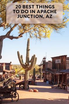 an old western town with a large cactus in the foreground and text overlay that reads 20 best things to do in apache junction, az