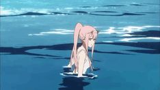 an anime character in the water with long hair and pink hair, looking at something