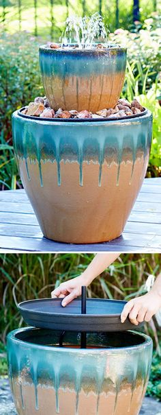 two images show how to make a water feature in a planter with drip paint on it