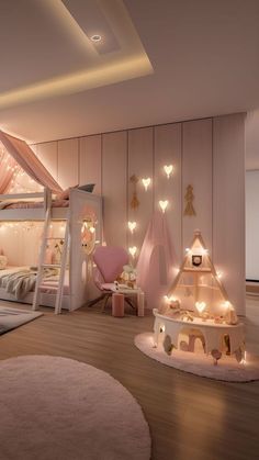 a child's bedroom decorated in pink and white with lots of lights on the ceiling