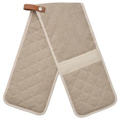 two oven mitts with brown leather handles