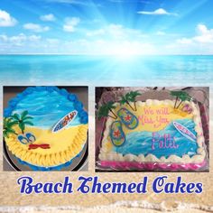 there are two cakes on the beach with words below them