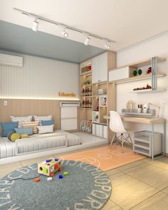 a child's bedroom with toys on the floor and furniture in the room,